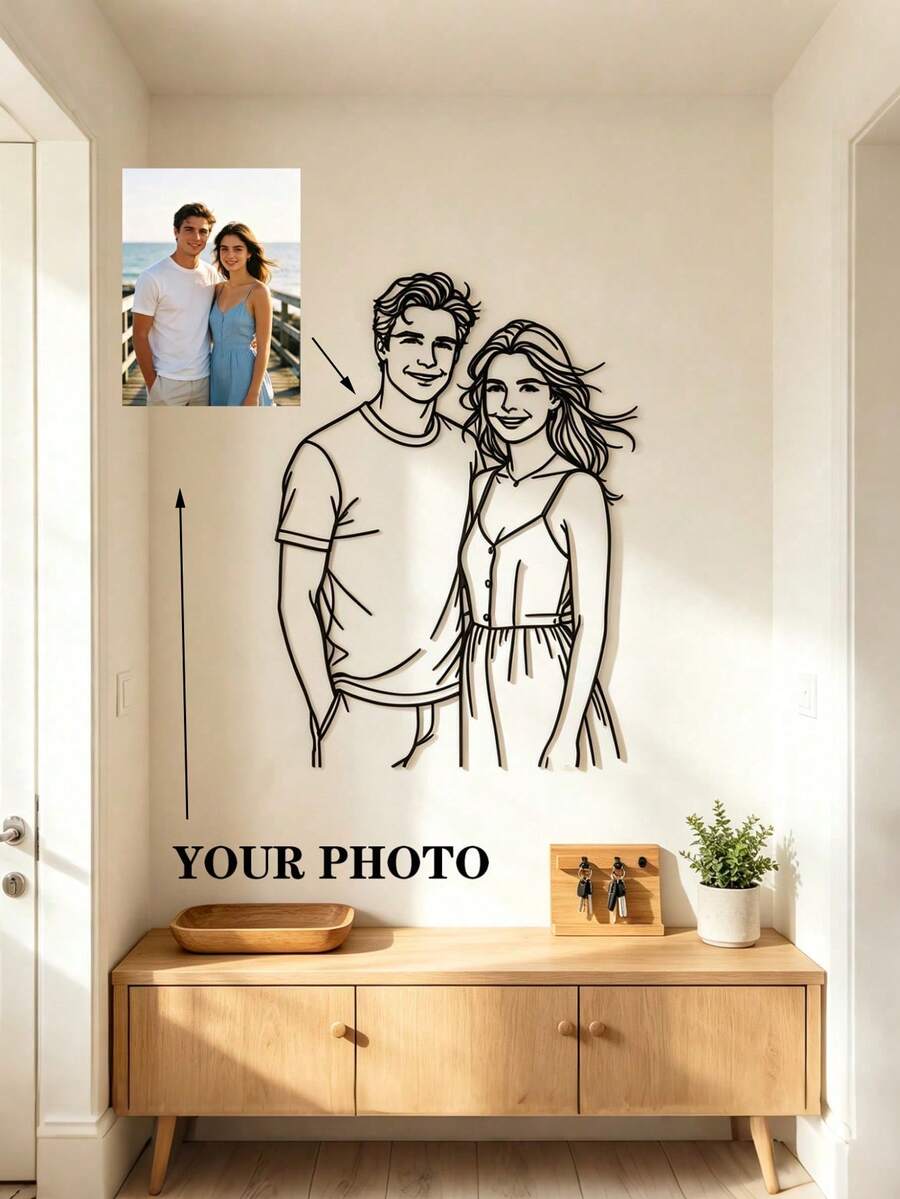 1pc Customized Couple/Family Portrait Metal Wall Art, Modern Hanging Portrait Photo Customization, Suitable For Anniversary, Birthday, Valentine's Day, Graduation, Mother's Day, Father's Day, Christmas, Home Decor Gift, Minimalist Line Art, Laser Cut - Black - View 1
