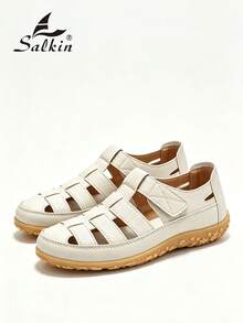 Salkin 夏季女款包頭羅馬平底涼鞋鏤空編織籠鞋橡膠底米色休閒走路鞋復古透氣漁夫涼鞋適合日常度假 - 米色 - 查看 6