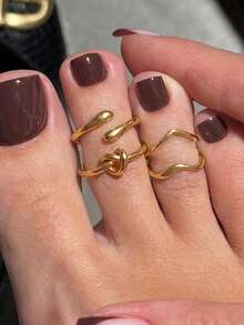 4 piezas de anillos para los dedos de los pies de metal con diseño geométrico minimalista de onda anudada, anillos versátiles y apilables de nicho - Dorado - Ver 4