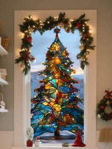 1pc Large Double-Sided Christmas Tree Window Sticker, Suitable For Bedroom, Living Room Or Bathroom Window Decoration, Holiday Season Christmas Tree Glass Window Sticker Decor - Multi-color - View 6