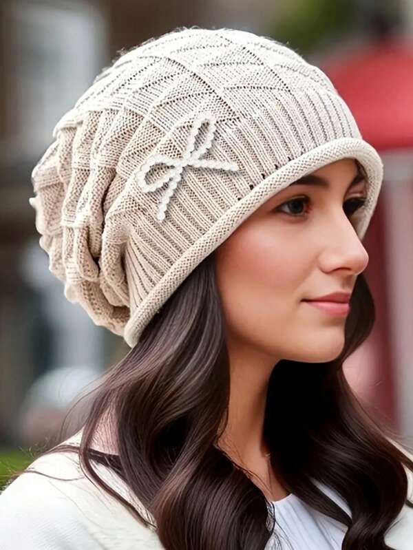 1 pieza Gorro de punto con lazo de perlas, plisado y fruncido, estilo coquette holgado y oversize Y2K, gorro de punto cálido para niñas, otoño/invierno