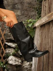 FEIAONI Hot Girl Style Black Ruched Leg Boots, Square Toe Chunky Mid-Heel Slouchy Boots, Vintage Western Tall Boots For Women - Black - View 6