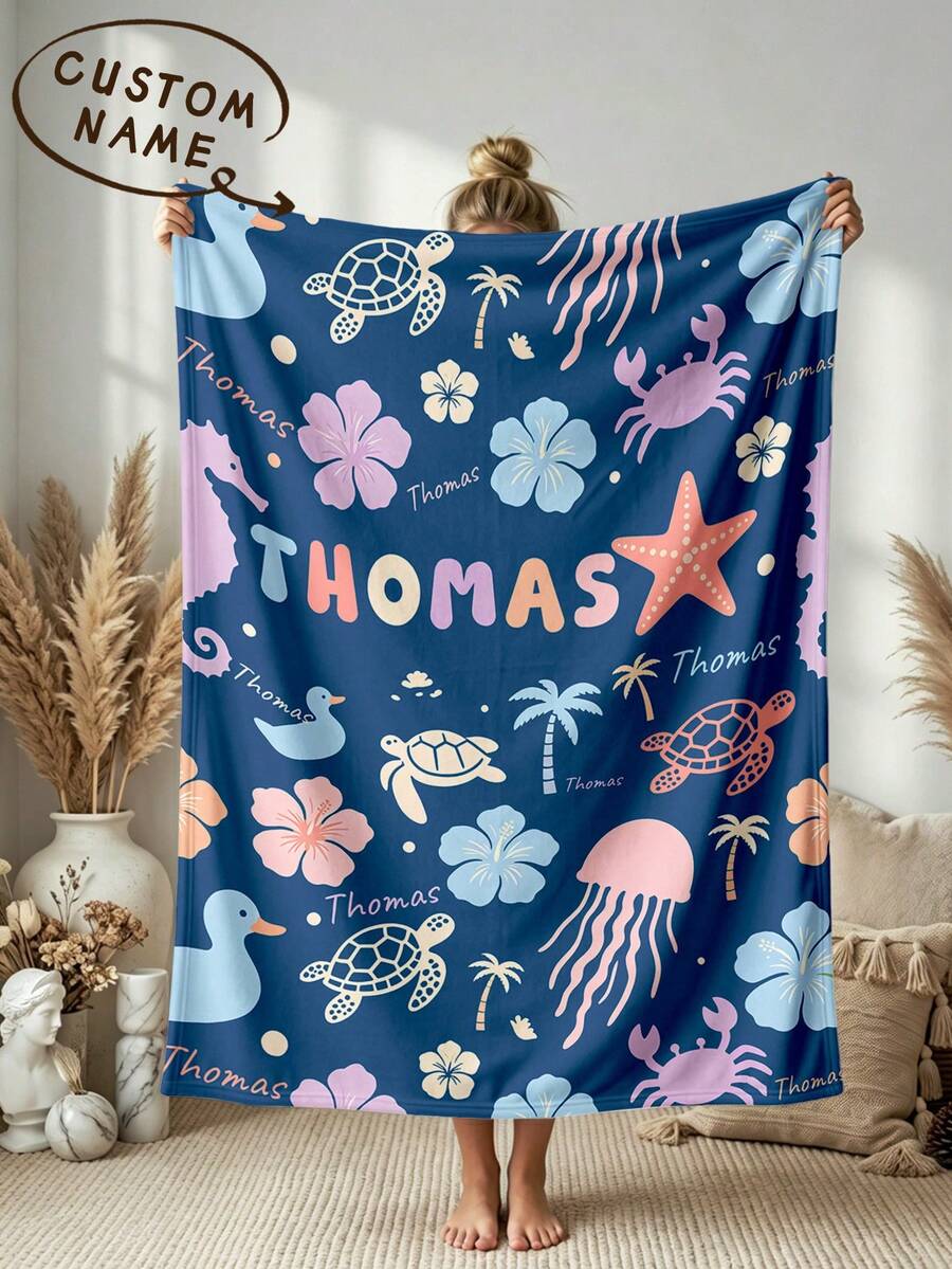 1pc Customized Name Blanket, Personalized Bed Blanket, Customizable Name Print, Personalized Fleece Blanket, Cute Blanket, Comfortable Blanket, Home Gift, Birthday Gift, Christmas Gift, Personalized Gift, Gift For Son/Daughter, Gift For Friends - Style 2 - View 1