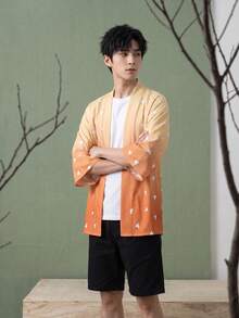 男士和服風防曬開襟衫，幾何印花圖案，可機洗 - 橘色 - 查看 2