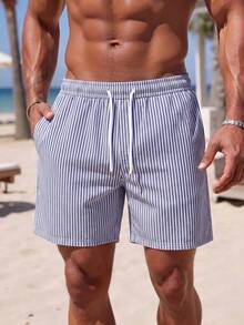 Men's Striped Palm Tree Print Casual Beach Shorts With Drawstring, Summer - Dusty Blue - View 2