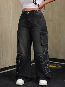 Women's Loose Washed Black Denim Jeans, Plus Size Long Straight Leg Jeans, With Pockets And Zipper, Non-Stretch, Vintage Distressed Style, Suitable For Casual Daily Wear - Black - View 5