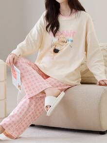 Women's Round Neck Cartoon Print Pajama Set, Shell Flower Long Sleeve Top + Pants With Pockets, Cute Pajama Set, Women's Loungewear Set - Apricot - View 4