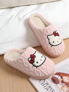 Sandal Musim Dingin Wanita SANRIO KT Cat Putih, Sandal Rumah Berbahan Plush dengan Pita Kartun dan Sol Datar - Berwarna merah muda - View 5