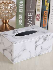 1pc Gold Trim PU Leather Marble Pattern Tissue Box, Can Be Used As Bathroom, Room, Home Decor Item, Also Essential Accessory For Bathroom Decoration And Storage - Black and White - View 10