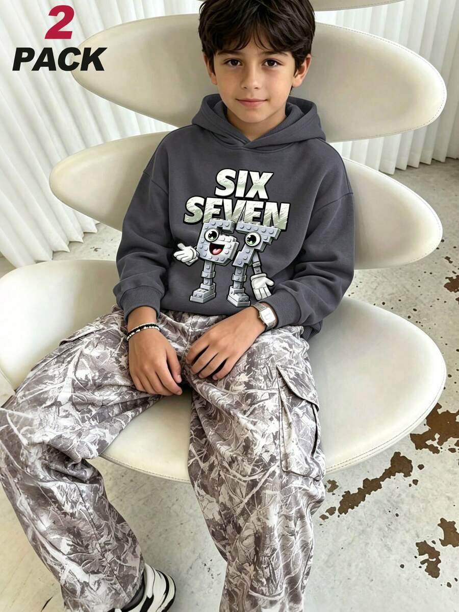 2pcs/Set Boys Cartoon Sports Outfit, Block Robot Print Hoodie With Camouflage Cargo Pants, Autumn/Winter Campus Wear - Dark Grey - View 1