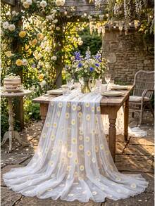 1pc Daisy Rectangular Table Runner, 75cm*180cm Mesh Table Runner, Suitable For Country Wedding Reception, Wedding Banquet, Birthday Decoration, Home Decor, Floral Theme Party Decoration, Baby Shower, Dining Table Decor - White Daisy - View 6