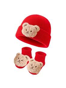 2pcs Cute Bear Plush Hat & Socks Set, Suitable For Autumn/Winter - Thick Knit 2pcs - View 5
