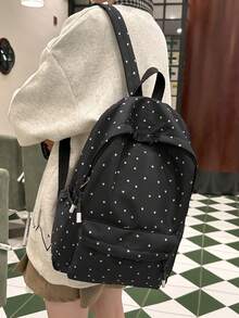 時尚波點大容量女款後背包，中學生與大學生校園書包 - 黑色 - 查看 12