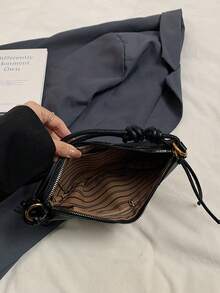 1pc Pleated Soft Leather Fan-Shaped Underarm Bag, Multi-Panel Patchwork Stitching, Dual-Side Rope Knot Adjustable Spaghetti Strap, Zipper Closure, Minimalist Crossbody Small Bag - Black - View 6
