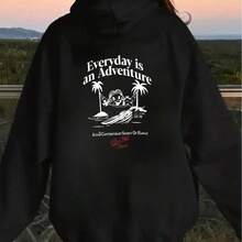 Women Oversized Casual  Hooded Sweatshirt With Letter Print,Winter Streetwear Everyday Pullover For Graduation,Back To School,Party - Black - View 6