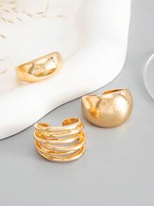 3pcs INS Minimalist Versatile Geometric Glossy Line Hollow Curved Toe Ring Set, Unique Niche Design Multi-Layer Foot Jewelry - Gold - View 4