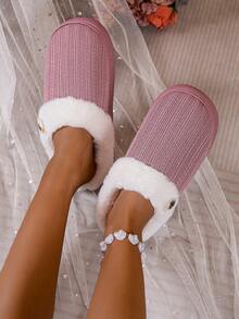 Women's Thermal Lined Comfortable Anti-Slip Wear-Resistant Closed-Toe Faux Fur Slippers Faux Suede - Pink - View 2