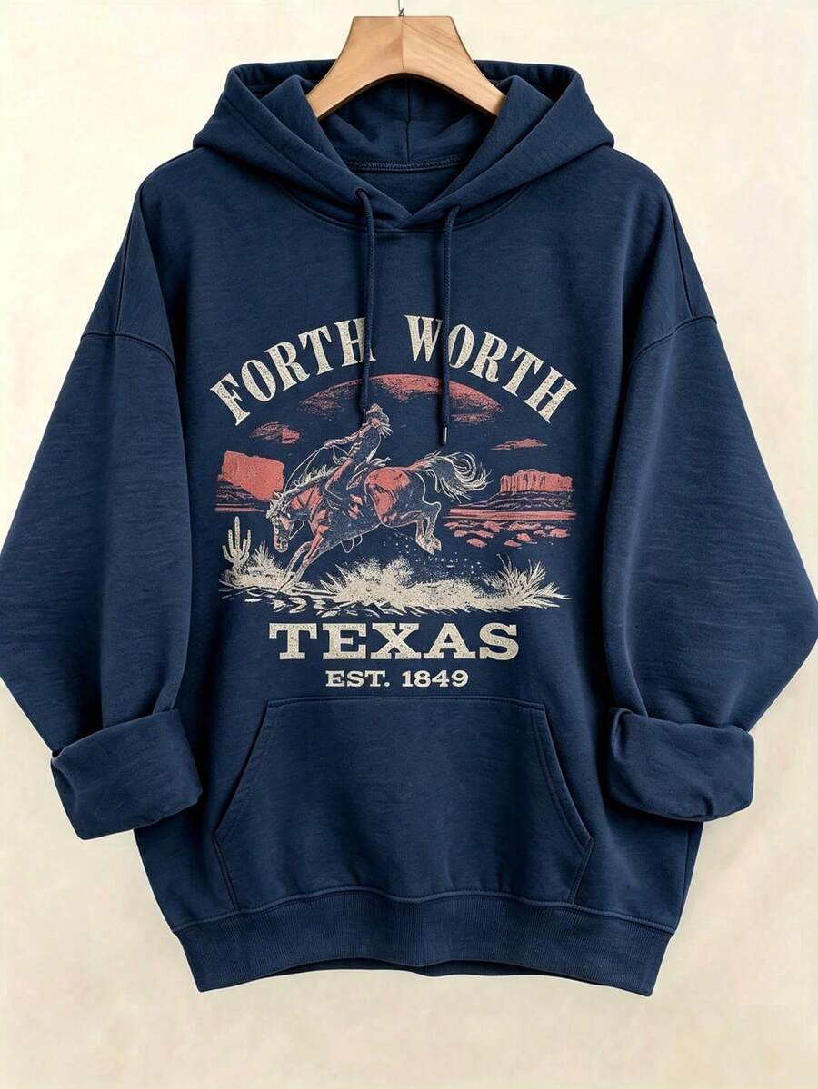 Women's Western Style Fort WorthTexasEST1849CowboyPatternHoodieSoftCrewNeckPulloverWith Cactus And Longhorn DesignComfortableCasualLongSleeve Sweater - 藏青色2 - 查看 1