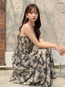 Yorily Casual Floral Print Sleeveless Waisted Slip Dress Summer Vacation Elegant - Apricot - View 1