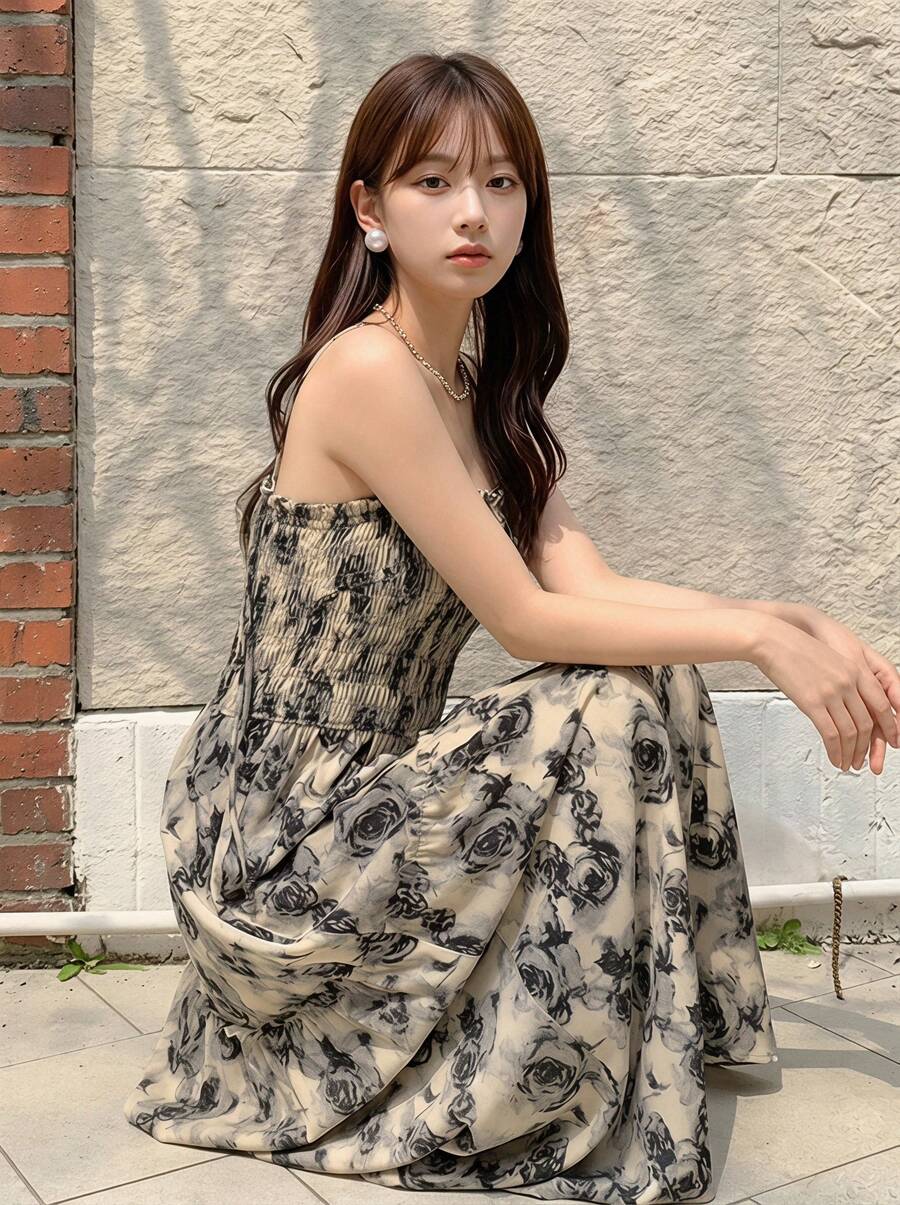 Yorily Casual Floral Print Sleeveless Waisted Slip Dress Summer Vacation Elegant - Apricot - View 1
