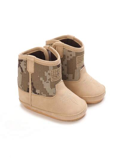 Khaki Camouflage Patchwork Infant Western Ankle Boots, Hook And Loop Soft Sole Infant Toddler Pre-Walker Boots For Boys And Girls