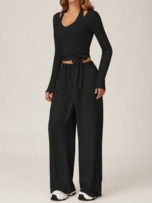 TimeOff Women's One Set Solid Color Cross Wrap Tie Waist Long Sleeve Cover Up With Elastic Drawstring Side Pockets Wide Leg Pants - Black - View 6