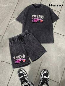 Hemo, Men's Street Fashion Racing Pattern T-Shirt And Shorts Set, Slightly Stretchy Washed Black Casual Daily 2-Piece Outfit, Summer - Black - View 2