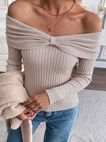 SUNSTORY Women's Autumn Cold Shoulder Bow Knitted Top, Ribbed Slim Fit Long Sleeve Sweater, Elegant Fairy Style, Suitable For Party, Night Out, Birthday, Social Gathering - Dusty Pink - View 8