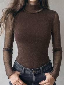 Shiny Mesh High Neck Fleece Lined Slim Fit Long Sleeve Top - Brown - View 5