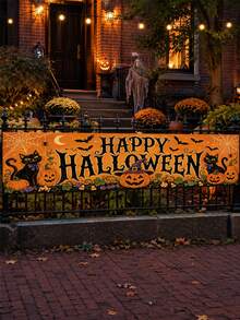 1pc Halloween Banner, Vintage Orange Happy Halloween Letters With Pumpkin, Ghost, Black Cat, Skeleton Monster Print, Suitable For Porch, Yard, Wall And Holiday Party Decoration - Vintage Cartoon - View 10