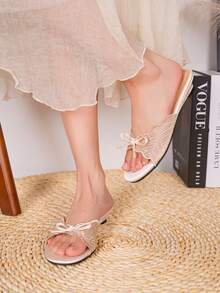 Women's Comfortable Lightweight Lace Bow Solid Color Open Toe Low Heel Mule Shoes Elegant Summer Beige Mesh Sandals - Champagne - View 6