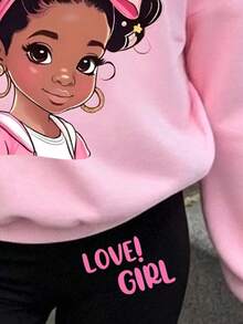 Young Girl Cartoon Print Round Neck Long Sleeve Top And Leggings - Pink - View 4