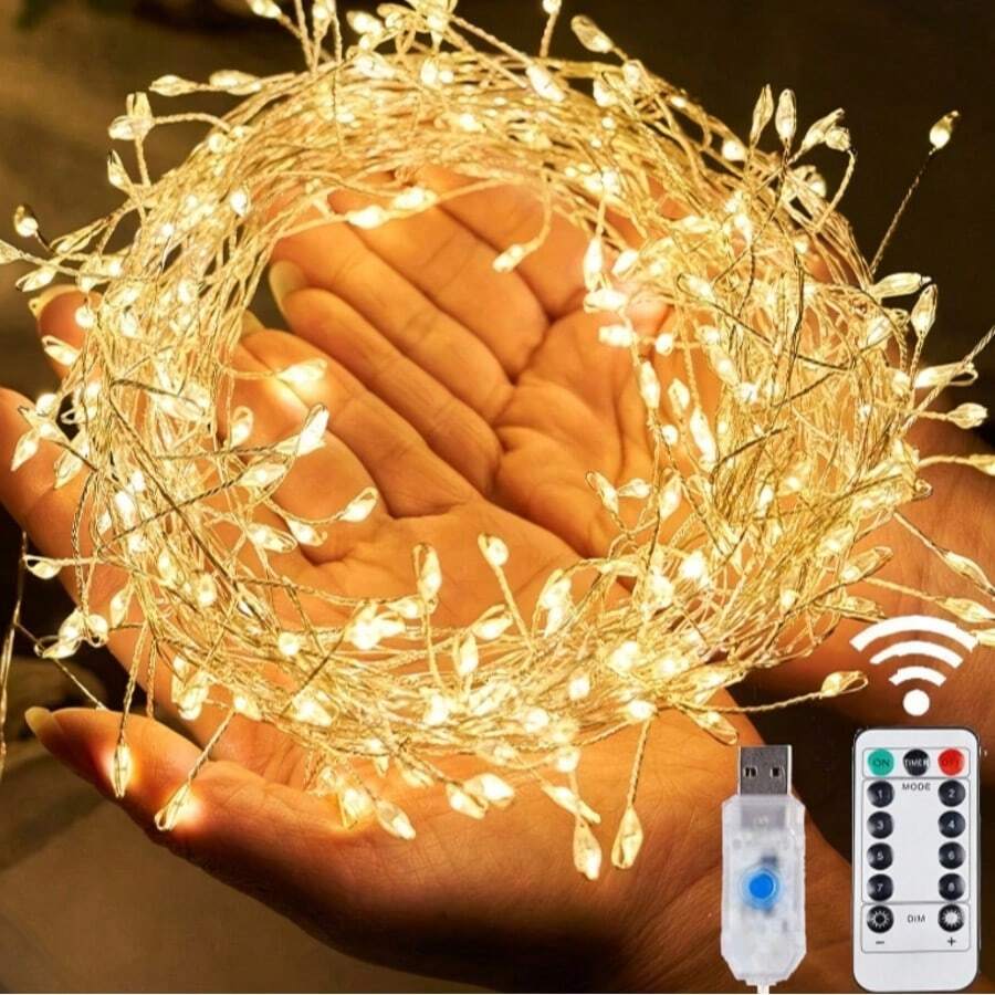 1pc Copper Wire Firecracker String Light, Optional 50/100LED, USB Fairy Lights With Remote Control In Warm White. Perfect For Christmas Tree, Holiday Parties, Indoor Home, Outdoor Garden, Patio, Wedding And Birthday Decoration.