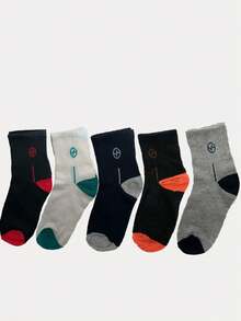5 Pairs Contrast Color Round Logo Pure Cotton Mid-Calf Sports Socks, Comfortable, Odor-Resistant, Durable, For Men, Outdoor Running And Home Wear - Multicolor - View 7