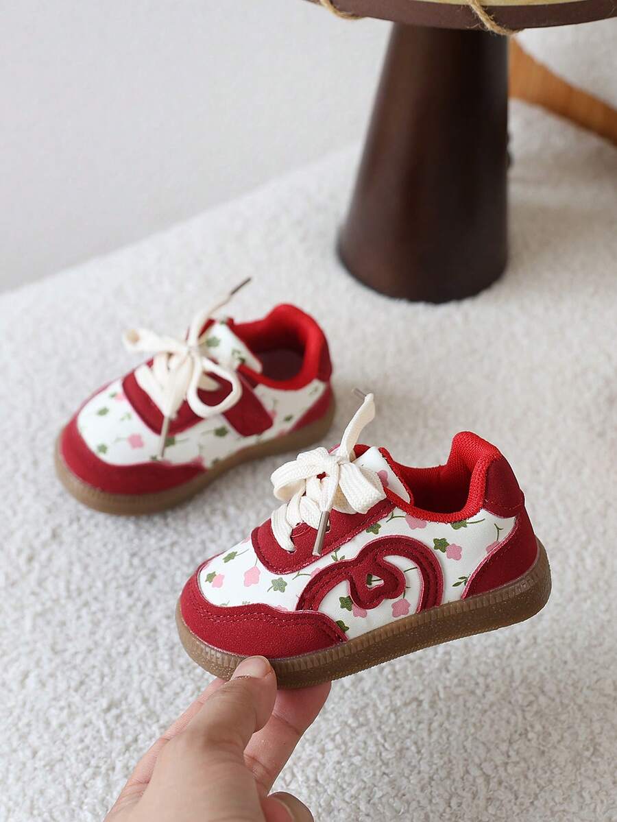 1 Pair Baby Girls' Retro Floral Soft Sole Casual Sneakers, Versatile Board Shoes - Red - View 1