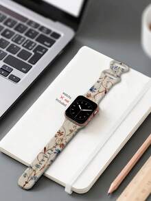 Ink Wash Floral Pattern Watch Band, Unisex Daily Wear, Compatible With 38/40/41/42/44/45/49mm Ultra/SE/8/7/6/5/4/3/2/1 - White - View 3
