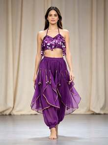 Crop Top Halter Berkilau dengan Payet Bulat dan Celana Harem Jala Berlapisan Emas untuk Latihan Tari Perut & Pemotretan Video (Tersedia dalam Berbagai Warna) - MultiWarna - View 6