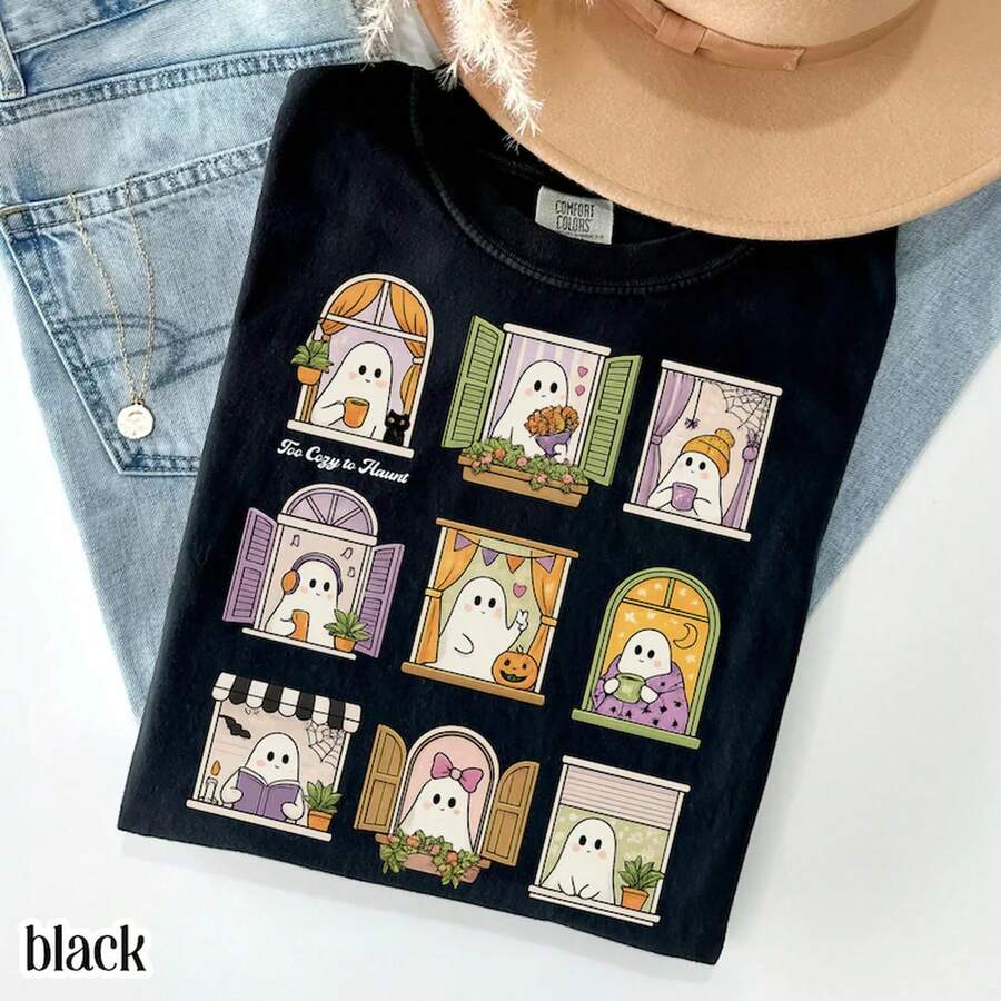 Spooky Halloween Ghost ® Shirt Too Cozy To Haunt Tee Bookish Librarian Reader TShirt - style2 - 查看 1