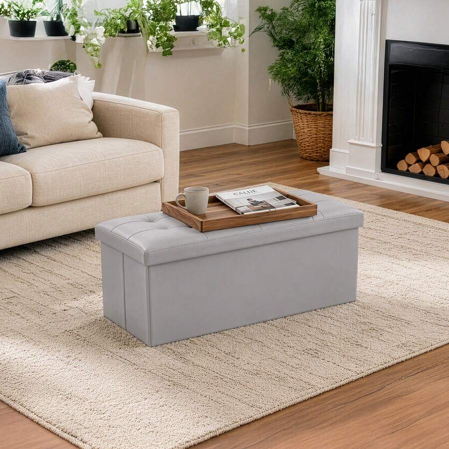 Living Room Folding Storage Ottoman – 76*38*38cm Footrest Stool With Lid, Storage Box & Shoe Bench - Light Grey - View 1