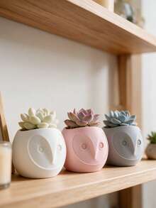 3D Printed Cute Owl Shaped Flower Pot, Black White Pink Multicolor Round Small Planter, Artistic Cartoon Succulent Pot Container, Office Bedroom Desktop Greenery Decor, Creative Home Decoration Flower Bowl - Multicolor - View 1