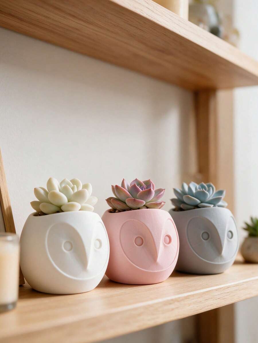 3D Printed Cute Owl Shaped Flower Pot, Black White Pink Multicolor Round Small Planter, Artistic Cartoon Succulent Pot Container, Office Bedroom Desktop Greenery Decor, Creative Home Decoration Flower Bowl - Multicolor - View 1