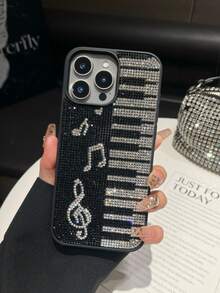 1pc Pink Piano Note Rhinestone Phone Case Luxury Shockproof 2-In-1 Protective Cover For IPhone 17 Pro Max/13/14 - Black and White - View 5