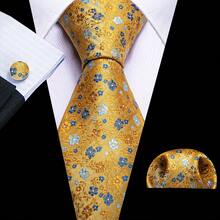 Floral Yellow Necktie Pocket Square Cufflinks Tie Clip 4pcs Kit For Summer Carnival & Outdoor Spring Festival Activities - Yellow - View 2