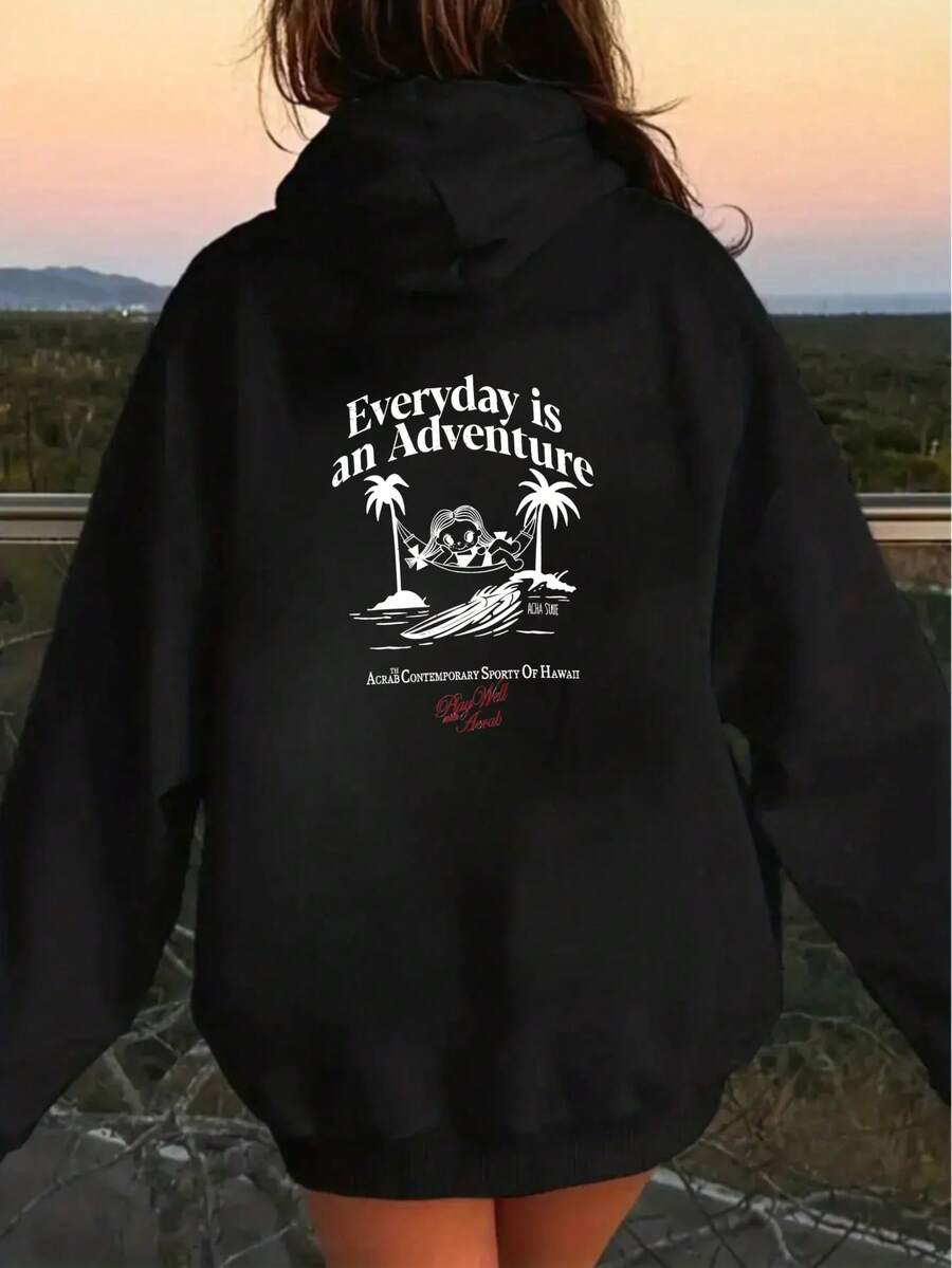 Women Oversized Casual Hooded Sweatshirt With Letter Print,Winter Streetwear Everyday Pullover For Graduation,Back To School,Party - Black - View 1