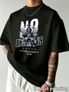 Men's Street Style Hip Hop Edgy Masked Angel Graphic Oversized Short Sleeve T-Shirt, Casual Loose Drop Shoulder Crew Neck Tees, Comfy Breathable Summe - Black - View 2