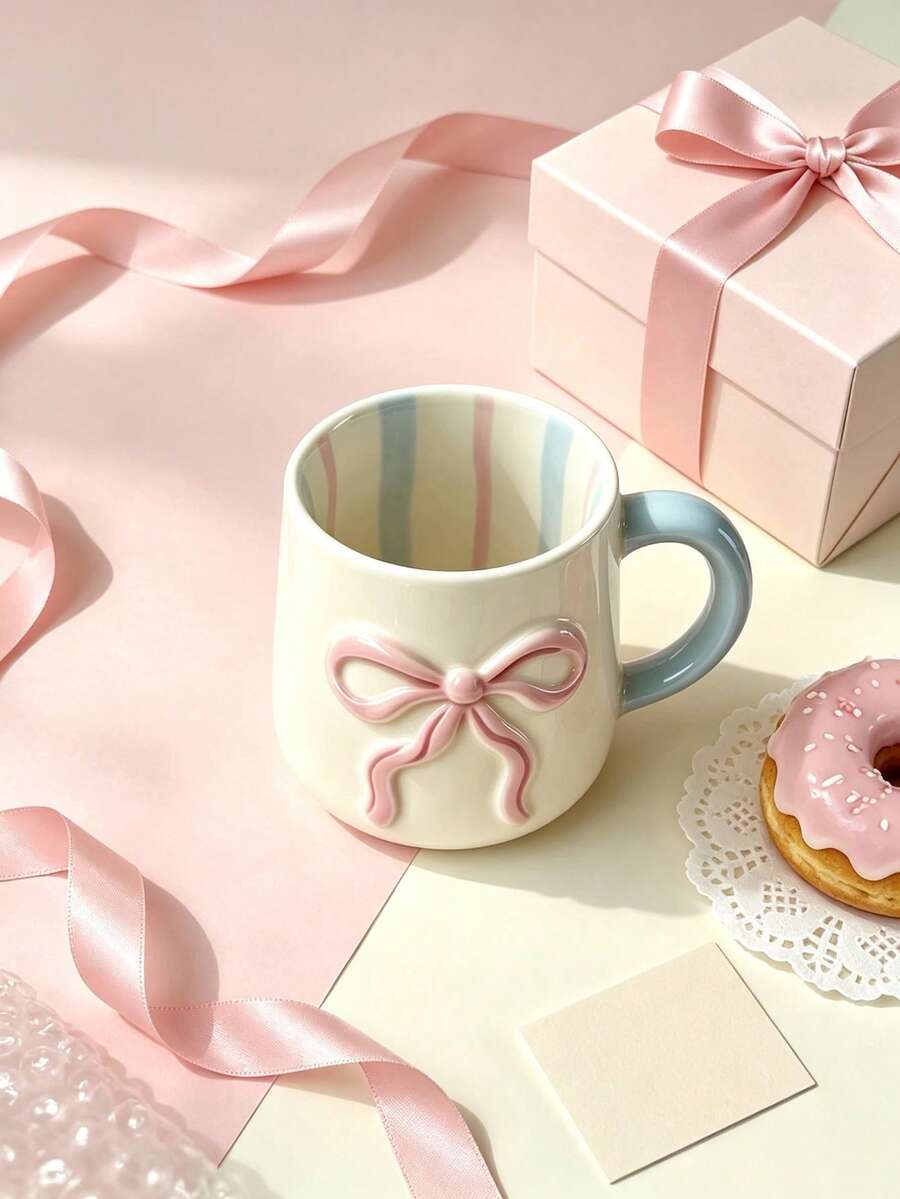 A 350ml Ceramic Mug With A Bow Design, Suitable For Use In The Microwave And Dishwasher Or For Hand Washing. Ideal For Milk, Juice And Coffee, Perfect For Afternoon Tea, The Kitchen And Parties – The Ideal Gift. - Multicolor - View 1