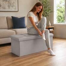 Living Room Folding Storage Ottoman – 76*38*38cm Footrest Stool With Lid, Storage Box & Shoe Bench - Light Grey - View 6