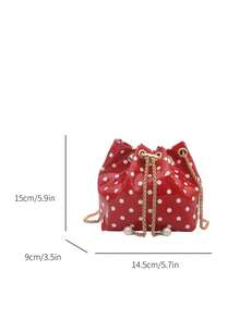 1pc Solid Color PU Drawstring Bucket Bag With Polka Dot Pattern Chain Crossbody Women's Fashion Shoulder Bag - Red - View 9