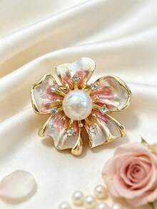 1Pc Sparkly Rhinestone Petal Flower Shape Pearl Inlaid Lapel Pin, Retro Chic Versatile Brooch, Jewelry For Ladies Daily & Gathering Wear - Floral Style B Pink - View 3
