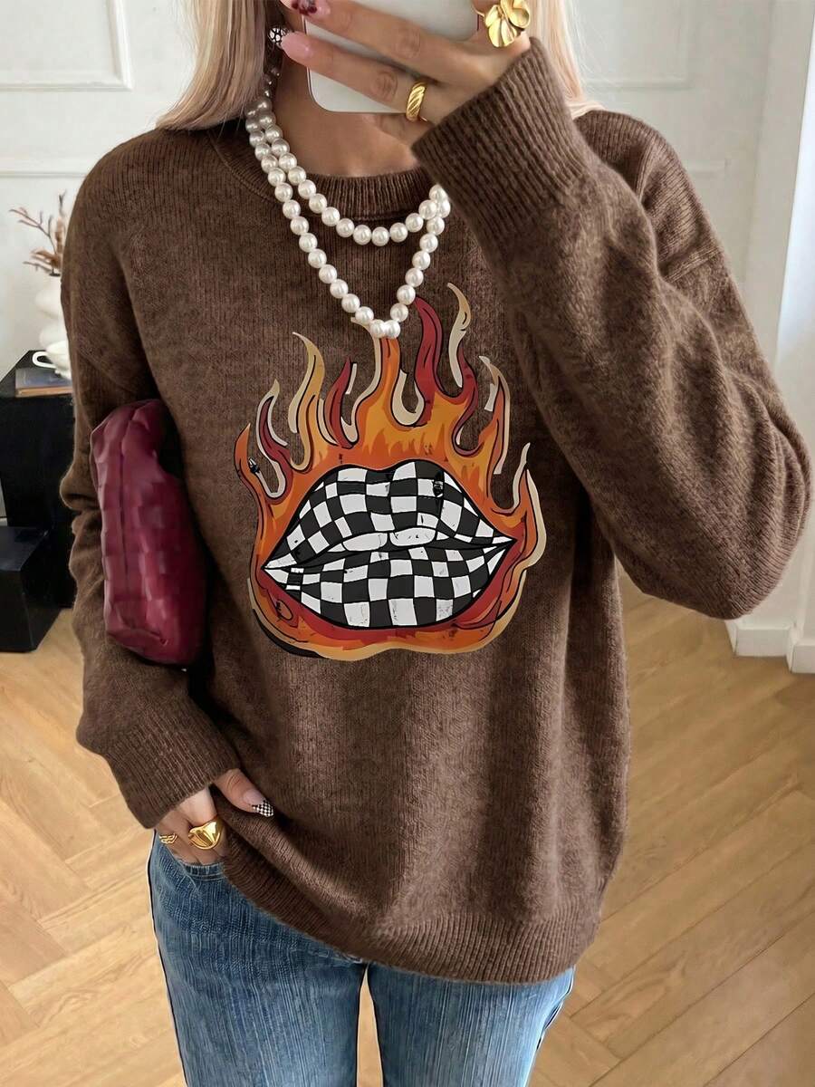 Plus Size Faux Knit Top, Fun Flame, Plaid And Lipstick Print, Unique Casual Autumn/Winter Outfit, Suitable For Daily Wear
